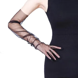 Elegant long black sheer mesh bridal gloves for wedding and formal evening events