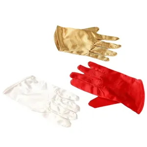 Elegant satin stretch short gloves in gold, red and white for performances.