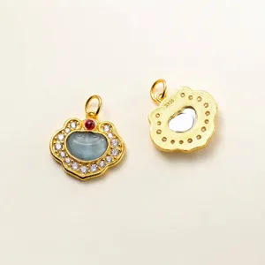 Pendentif Serrure Ruyi en Argent Sterling 925 Plaqué Or Avec Jade et Strass Micro Incrusté Accessoire de Bijoux pour Bracelet DIY
