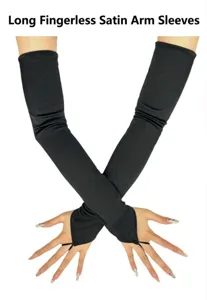 Detailansicht langer schwarzer fingerloser Satinhandschuhe mit elegantem Fingerschlaufendesign