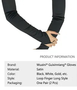 Detaillierte Produktspezifikationen für lange schwarze Satin-Handschuhe mit Schlaufe
