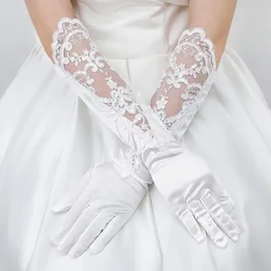 Guantes de Novia de Satén Largo Elegante Con Bordado de Encaje Floral Y Lentejuelas Guantes de Vestido de Novia Blancos