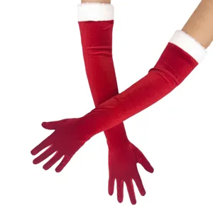 Damen Weihnachten Rote Samt Lange Handschuhe Mit Kunstpelzbesatz Extra Lang Winter Warm Kostüm Opernärmel Für Party Aufführung
