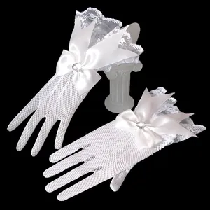 Elegant Bridal Wedding Gloves Lace Fishnet Knit Mesh Gloves With Satin Bow Heart Rhinestone Elastic Evening Party Gloves For Women