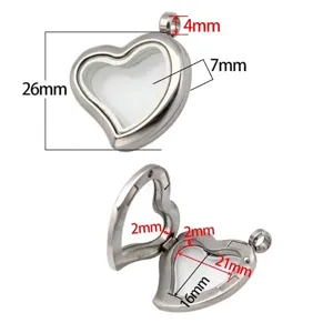 Stainless steel heart locket pendant with glass photo frame and detailed dimensions.
