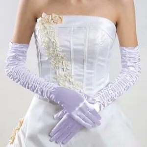 Elegantes Guantes de Novia Largos de Satén Plisado por Encima del Codo Mujeres Boda Fiesta de Noche Guantes de Color Sólido