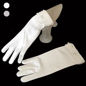 Women's Wedding Gloves Short White Satin Finger Gloves With Artificial Pearl Beaded Cuff Elastic Bridal Party Formal Gloves