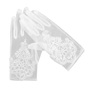 Elegant white sheer bridal mesh gloves with intricate lace embroidery for wedding photography