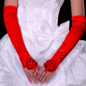 Elegante lange rote Brauthandschuhe aus Satin mit aufwendiger Spitzenstickerei