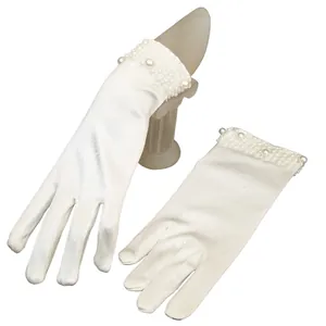 Elegant short white bridal satin gloves with faux pearl beaded cuffs for wedding dress