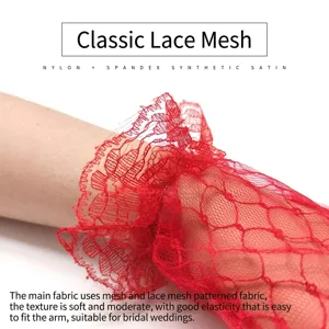 Macro detail of red lace mesh bridal glove featuring delicate ruffled texture and patterns