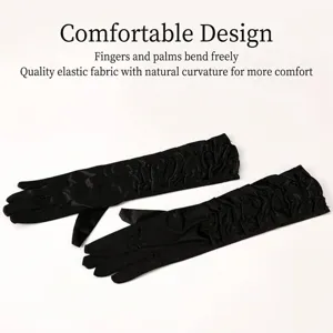 Elegant vintage black satin long bridal gloves with pleated details for weddings and parties