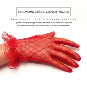 Detailed view of red mesh lace bridal gloves with ruffles for weddings and photography.