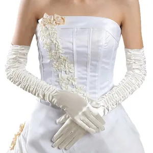 Elegantes guantes largos de novia de satén blanco plisado para bodas y eventos de etiqueta