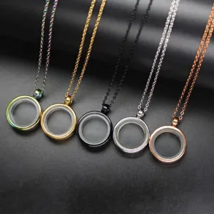 Detail view of 20mm round stainless steel locket pendants in five metallic finishes