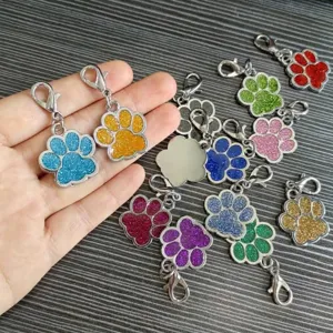 Detail view of colorful glitter alloy dog paw print pendant charms with clasps