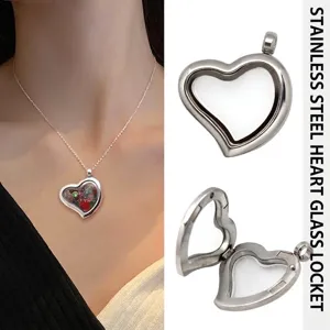 Elegant stainless steel heart-shaped glass floating locket pendant necklace for charms