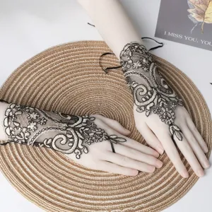 Women Finger Loop Lace Gloves Short Bridal Wedding Mesh Bow Embroidery Gloves Retro Formal Party Costume Accessories