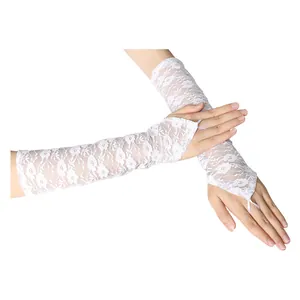 Elegant white floral lace bridal sleeves with finger hook design for wedding dress