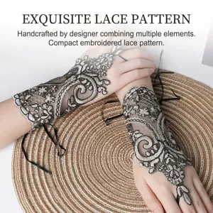 Short fingerless black lace bridal gloves with white floral embroidery and ribbon detail