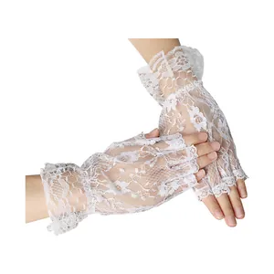 Women's Short Lace Half-Finger Gloves With Ruffles Elegant Floral Mesh Bridal Wedding Accessories Party Dress Gloves