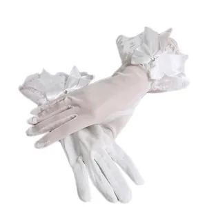 Eleganti Guanti da Sposa in Pizzo e Rete Con Fiocco in Raso e Strass Guanti Corti da Matrimonio per Donna Festa Lolita