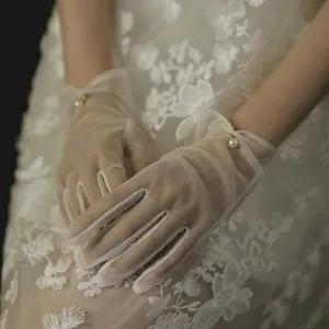 Brauthandschuhe Für Damen Kurze Netz Satin Handschuhe Perlen Rüschen Spitze Handschuhe Für Hochzeit Fotografie Zubehör