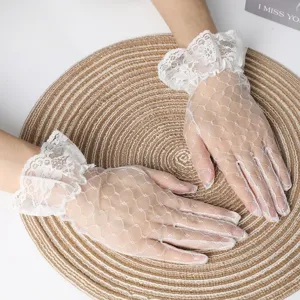 Eleganti Guanti da Matrimonio in Pizzo Bianco Sporco Corti Guanti da Sposa in Maglia Polsino con Arricciature Traspiranti Guanti da Abito Traforati per Donna Banchetto Festa Serale