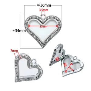 Dimensions and measurements of heart-shaped rhinestone floating charm locket pendant
