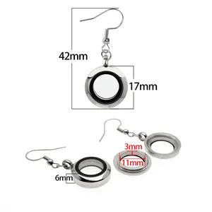 Detaillierte Maße von 17 mm runden Glasmedaillon-Ohrringen aus silbernem Edelstahl-Finish