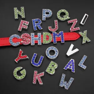 10mm colorful rhinestone alphabet slide charms for DIY jewelry, wristbands, and collars.