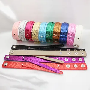 Assorted colorful glitter sequin snap wristbands for DIY slide charms shown in detail