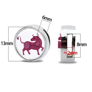 13mm Edelstahl-Schiebeperle mit lila Ochsen-Zodiac-Design für 8mm Armband-Riemen