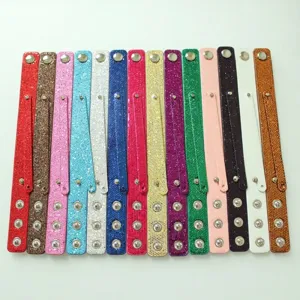Set of colorful glitter PU leather snap button wristbands for DIY personalized jewelry