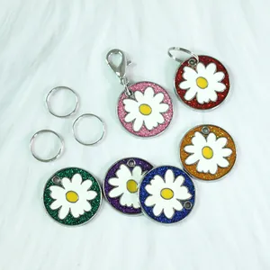 White Daisy Pet ID Tag Alloy Glitter Anti-lost Identity Name Plate For Dogs Cats Round Pattern Pendant Pet Accessory For Collar