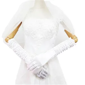 Elegant white ruched long satin bridal gloves for wedding and formal photography