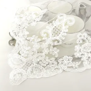 Detailed macro view of white lace embroidered fabric featuring elegant floral patterns for home decor.