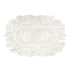 Elegant white oval water-soluble lace placemat with detailed rose embroidery doily