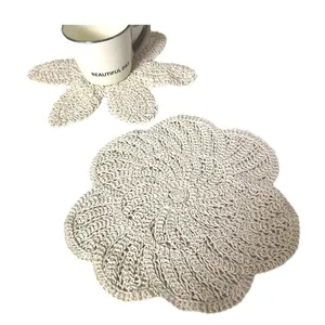 Vintage off-white crochet lace flower coaster and placemat set for home table decor