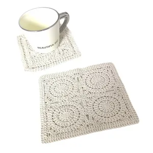 Retro beige hand-crocheted lace coasters set, soft square cotton table mats for decor