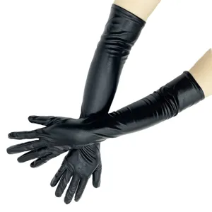Schwarze elastische lange Lackleder Opernhandschuhe für Cosplay und Tanz