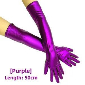 Detailansicht der 50 cm langen metallisch violetten Stretch-Handschuhe für Abend-Cosplay