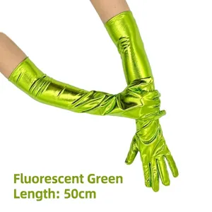 Detaillierte Ansicht der 50 cm langen fluoreszierenden grünen Lackleder-Opernhandschuhe