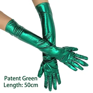 Metallic grüne lange Handschuhe aus Lackleder, 50 cm Länge, für Kostüme und Opernabende.