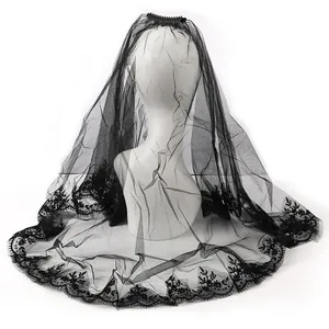 Elegant Black White Lace Bridal Veil Halloween Gothic Wedding Accessory Embroidered Mesh Mantilla For Women Party Photo