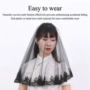 Halloween black lace bridal veil with elegant lace trim and secure comb attachment