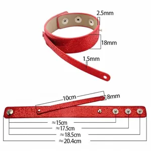 Red sequin wrap bracelet with snap buttons and detailed size measurements for DIY use