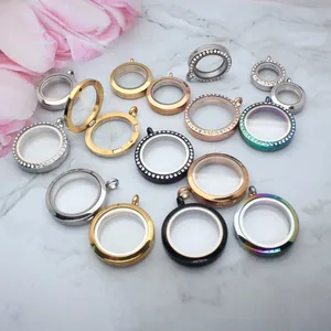 Detailed macro view of various stainless steel glass floating locket pendants in multi-color