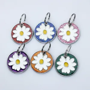 Custom glittery white daisy pet ID tags for dogs and cats available in multiple colors