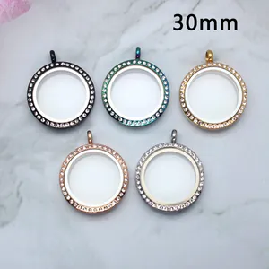 Top view of five 30mm stainless steel magnetic lockets with sparkling rhinestone borders